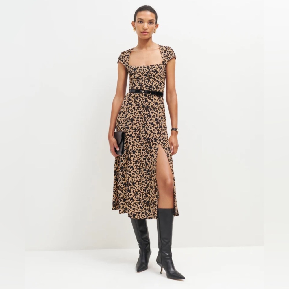 Reformation Tan and Black Leopard Midi Dress